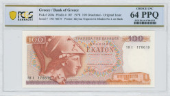 GREECE: 100 Drachmas (8.12.1978) in red and violet on multicolor unpt. Goddess Athena at left on face. S/N: "19I 178619". Variety: Without "Λ" on back...