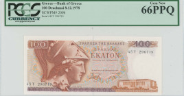 GREECE: 100 Drachmas (8.12.1978) in red and violet on multicolor unpt. Goddess Athena at left on face. S/N: "45T 296719". Variety: Letter "Λ" at lower...