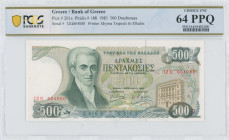 GREECE: 500 Drachmas (1.2.1983) in dark green on multicolor unpt. Ioannis Kapodistrias at left on face. S/N: "12Ω 604080". WMK: The Charioteer from De...