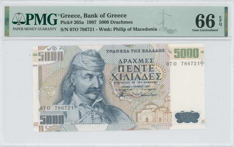 GREECE: 5000 Drachmas (1.6.1997) in dark blue on multicolor unpt. Theodoros Kolo...