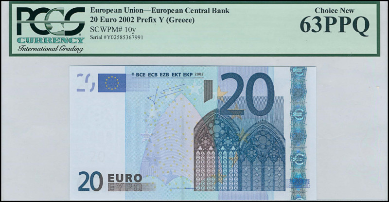 GREECE: 20 Euro (2002) in blue and multicolor. Gate in gothic architecture on fa...