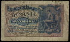 GREECE: 1 Drachma (ND 1922) in dark blue on multicolor unpt. God Hermes at right on face. S/N: "A/14 020244". Printed by BWC. (Hellas 222) & (Pick 309...