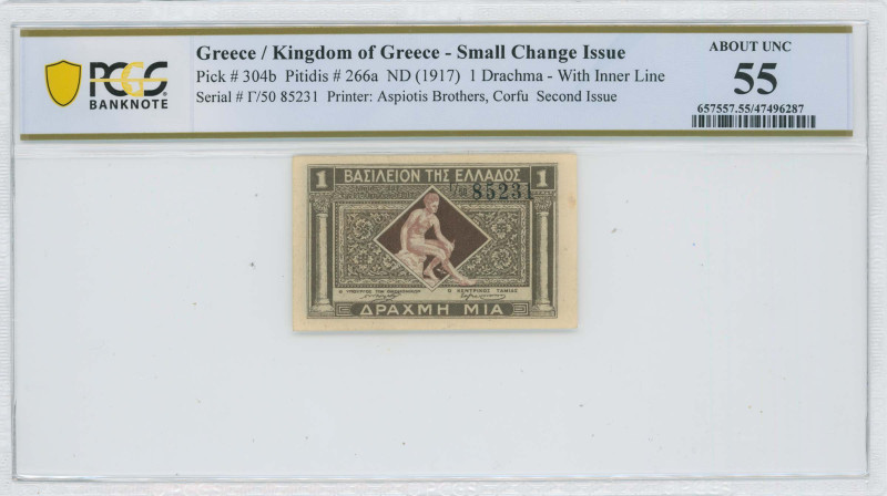 GREECE: 1 Drachma (ND 1922) in dark brown and brown. Hermes seated at center on ...