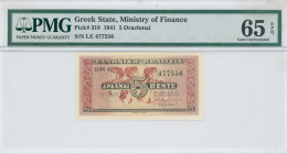 GREECE: 5 Drachmas (18.6.1941) in red and black on pale yellow. Wall painting from Knossos at center on face. S/N: "ΛΕ 477556". Printed by Aspiotis-EL...