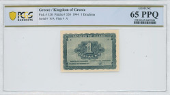 GREECE: 1 Drachma (9.11.1944) in blue on blue-green unpt. Value at center on face. Printed in Athens. Inside holder by PCGS "GEM UNC 65 PPQ". (Hellas ...