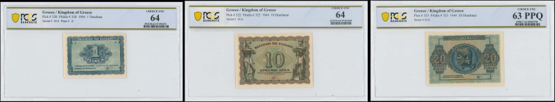 GREECE: Lot of 3 banknotes composed of 1 Drachma (9.11.1944), 10 Drachmas (9.11....