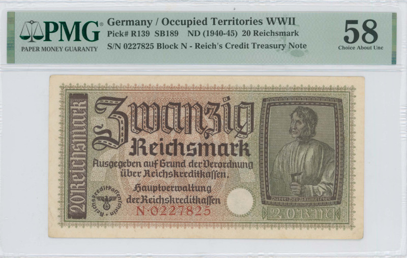 GREECE: 20 Reichsmark (ND 1941) in dark brown on red-brown and pale olive unpt. ...