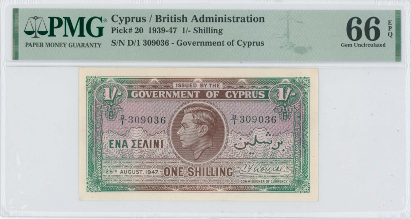 CYPRUS: 1 Shilling (25.8.1947) in brown and green. Portrait of King George VI at...