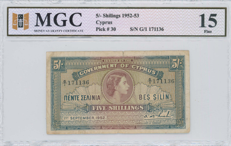 CYPRUS: 5 Shillings (1.9.1952) in brown, violet and blue. Portrait of Queen Eliz...