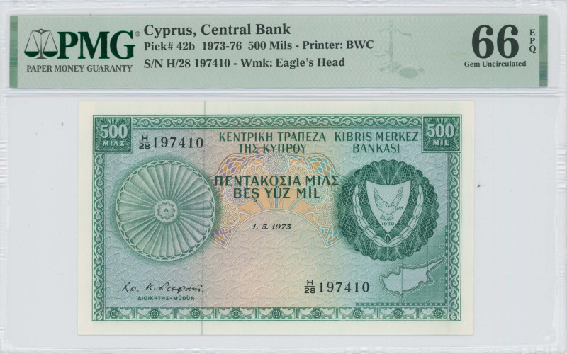 CYPRUS: 500 Mils (1.5.1973) in green on multicolor unpt. Coat of arms at right a...