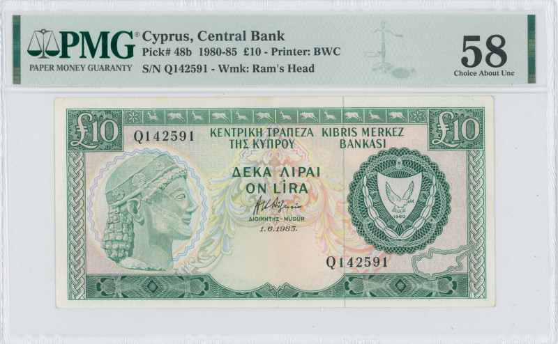 CYPRUS: 10 Pounds (1.6.1985) in dark green and blue-black on multicolor unpt. Ar...