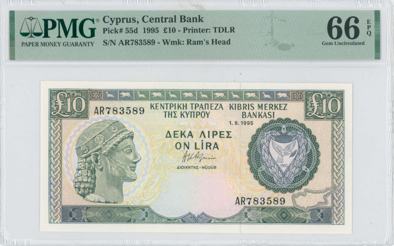 CYPRUS: 10 Pounds (1.9.1995) in dark green and blue-black on multicolor unpt. Ar...