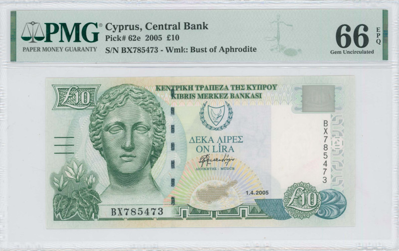 CYPRUS: 10 Pounds (1.4.2005) in olive-green and blue-green on multicolor unpt. M...