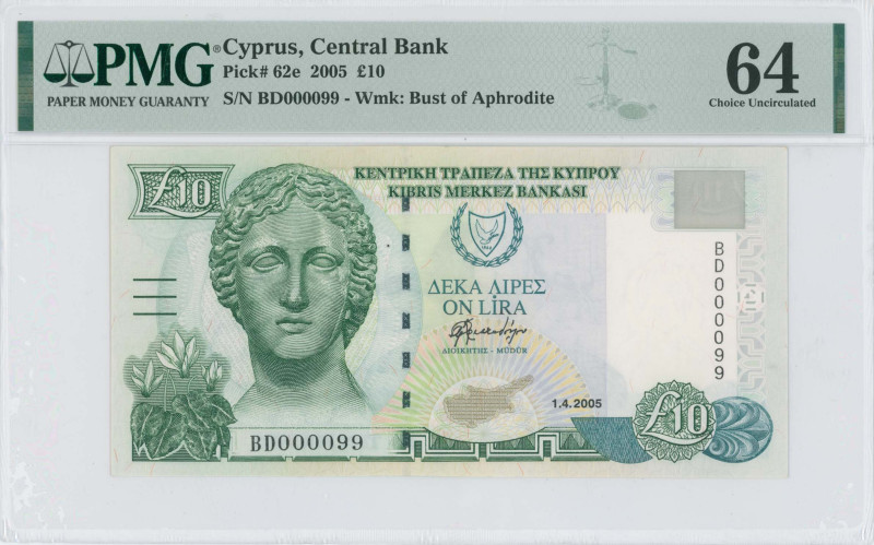 CYPRUS: 10 Pounds (1.4.2005) in olive-green and blue-green on multicolor unpt. M...