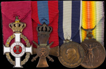GREECE: Lot of 4 medals mounted on a bar. From left to right: Royal Order of George I - Knight Gold Cross, War Cross (1940) (Stratoudakis 121.31), Med...
