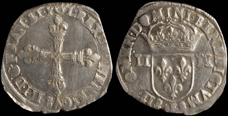 FRANCE: 1/4 Ecu (1589 F) in silver (0,917). Fleurdelysee cross on obverse. Crown...