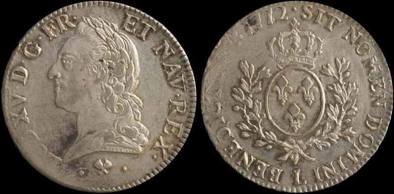 FRANCE: 1 Ecu (1772 L) in silver (0,917). Laureate head of Louis XV facing left ...