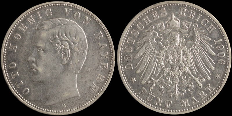 GERMAN STATES / BAVARIA: 5 Mark (1906 D) in silver (0,900). Head of King Otto fa...