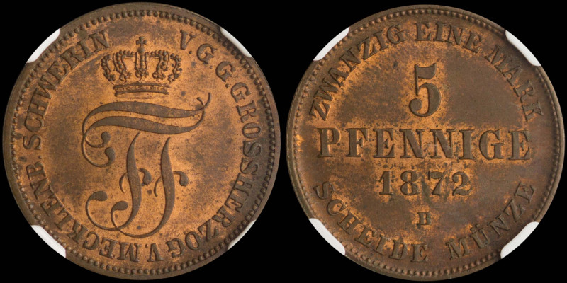 GERMAN STATES / MECKLENBURG-SCHWERIN: 5 Pfennig (1872 B) in copper. Crowned mono...