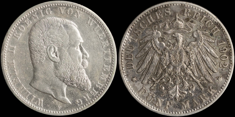 GERMAN STATES / WURTTEMBERG: 5 Mark (1902 F) in silver (0,900). Head of Wilhelm ...