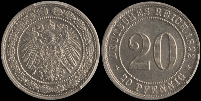 GERMANY / EMPIRE: 20 Pfennig (1892 D) in copper-nickel. Value within beaded circ...