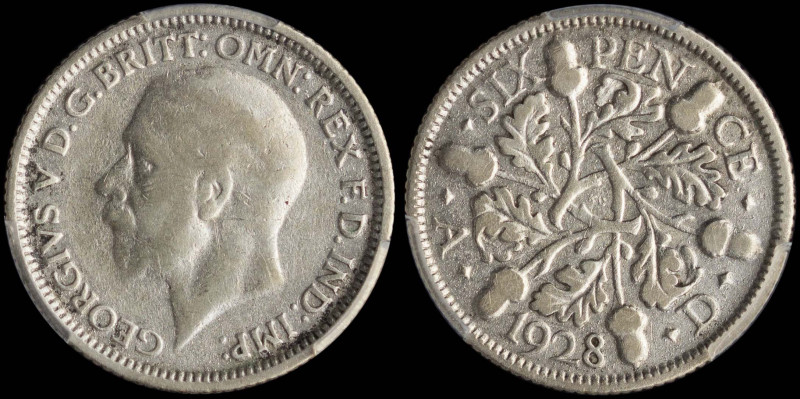 GREAT BRITAIN: 6 Pence (1928) in silver (0,500). Head of George V facing left on...