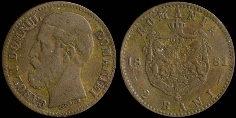 ROMANIA: 2 Bani (1881 B) in copper. Head of Carol I facing left on obverse. Crow...