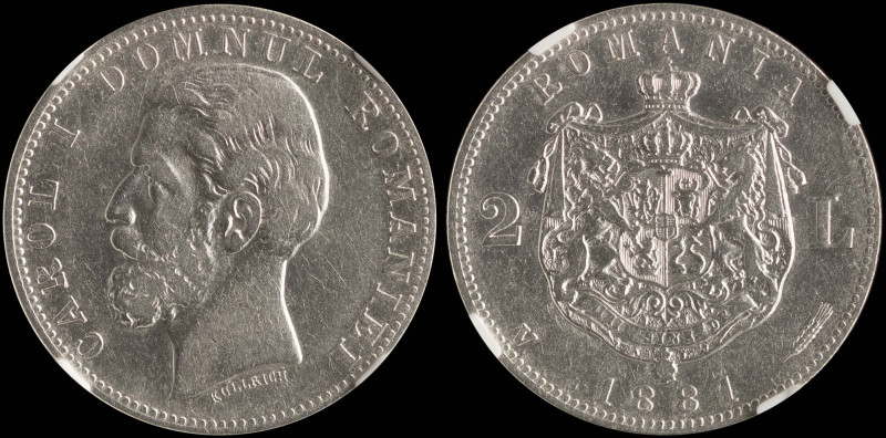 ROMANIA: 2 Lei (1881 V) in silver (0,835). Head of Carol I facing left on obvers...