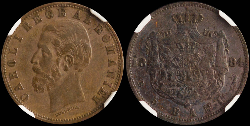 ROMANIA: 5 Bani (1884 B) in copper. Head of King Carol I facing left on obverse....