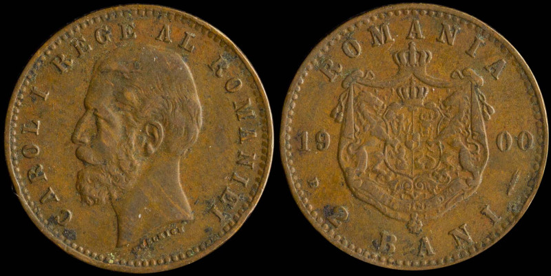 ROMANIA: 2 Bani (1900 B) in copper. Head of Carol I facing left on obverse. Crow...