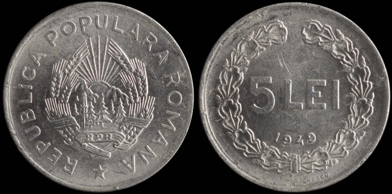 ROMANIA: 5 Lei (1949) in aluminum. National emblem on obverse. Value within wrea...