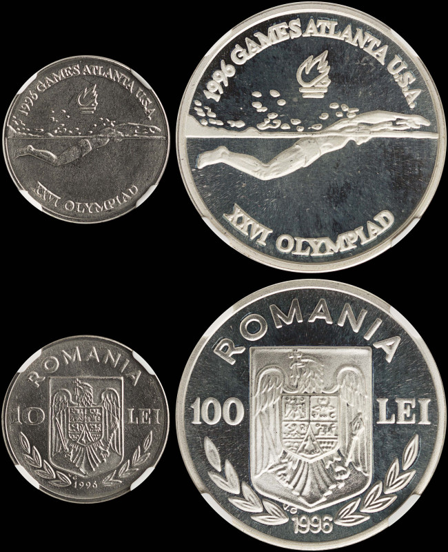 ROMANIA: Set of 2 coins composed of 10 Lei (1996) in nickel plated steel & 100 L...