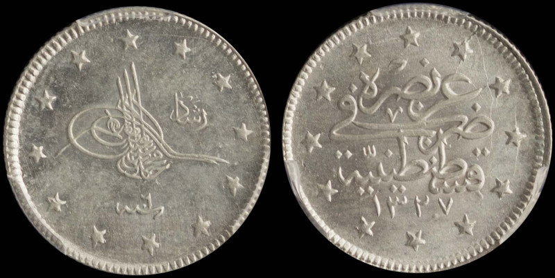 TURKEY: 2 Kurush (AH1327//6/2) in silver (0,830). Toughra, "Reshat" to right on ...