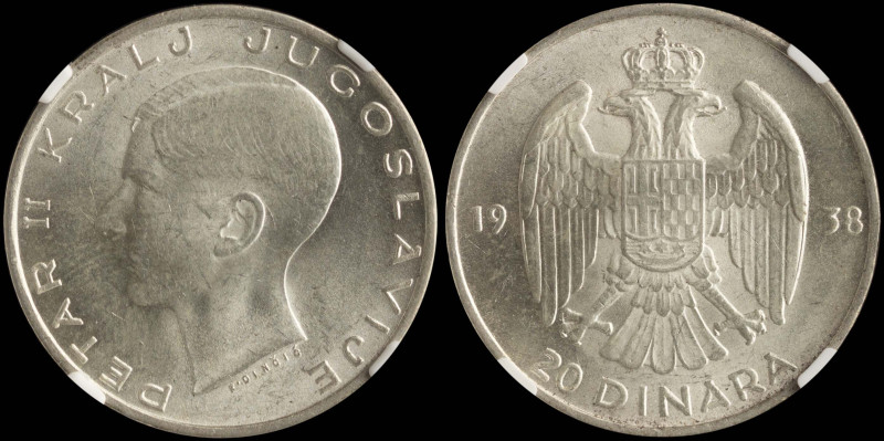 YUGOSLAVIA: 20 Dinara (1938) in silver (0,750). Head of Petar II facing left on ...