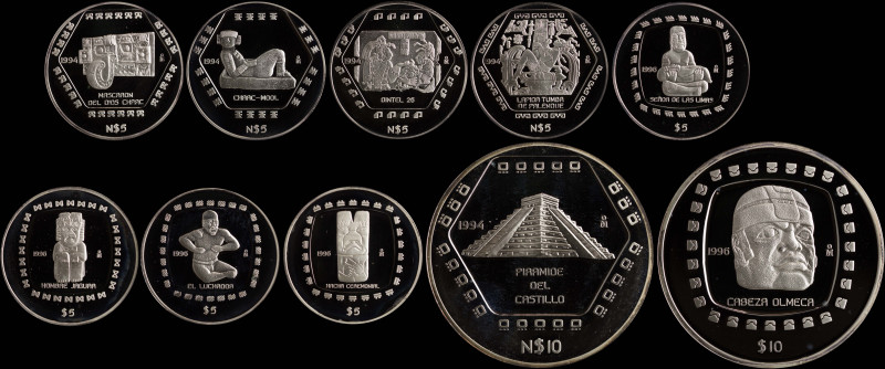 MEXICO: Lot of 10 commemorative coins in silver (0,999) composed of 4x 5 Nuevos ...