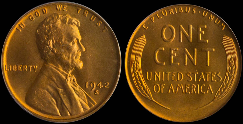 USA: 1 Cent (1942 S) in bronze. Abraham Lincoln facing right on obverse. Two whe...