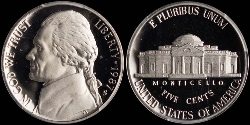 USA: 5 Cents (1987 S) in copper-nickel. Bust of Thomas Jefferson facing left on ...