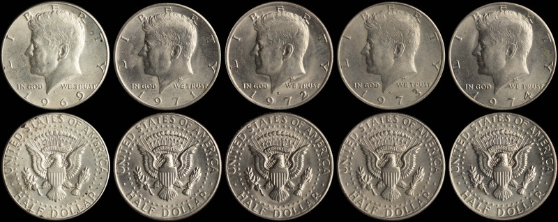 USA: Lot of 5 coins composed of 1/2 Dollar (1969) in silver (0,400), 1/2 Dollar ...