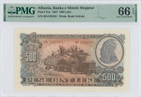 ALBANIA: 500 Leke (1957) in brown-violet. Harvest scene at center, Skanderbeg at right on face. S/N: "PH 129194". WMK: Bank initials. Inside holder by...