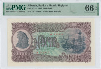 ALBANIA: 1000 Leke (1957) in violet on multicolor unpt. Portrait of Skanderbeg at left and oil well derricks at right on face. S/N: "TN 142913". WMK: ...