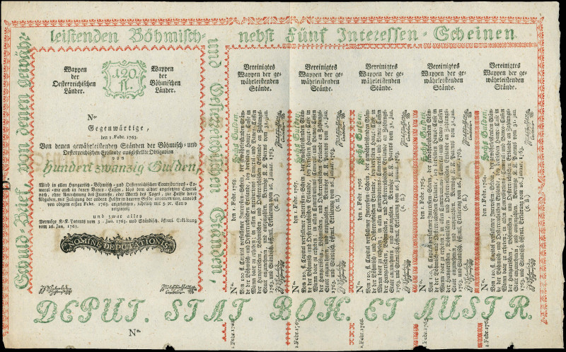 AUSTRIA: 120 Gulden (1.2.1763) in green, red and black. Obligation Vienna. Compl...