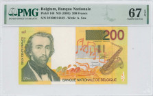 BELGIUM: 200 Francs (ND 1995) in black and brown on yellow and orange unpt. Adolphe Sax at left and saxophone at right on face. S/N: "32100214442". WM...