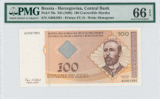 BOSNIA-HERZEGOVINA: 100 Convertible Maraka (ND 1998) in dark brown on multicolor unpt. P Kocic at right on face. S/N: "A 5001981". WMK: Central Bank m...