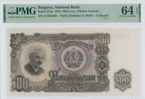 BULGARIA: 500 Leva (1951) in purple and multicolor. G Dimitrov at left and coat of arms at right on face. S/N: "AA 035691". WMK: Hammer & sickle. Prin...