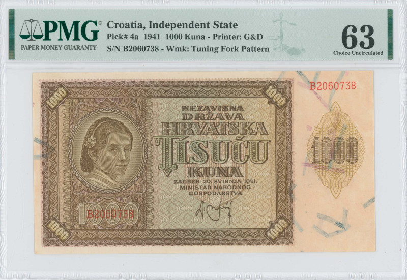 CROATIA: 1000 Kuna (26.5.1941) in brown. Croatian farmer wife at left on face. S...