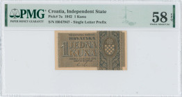 CROATIA: 1 Kuna (25.9.1942) in dark blue on brown. Coat of arms at right on face. Single letter S/N: "H 047947". Printed by HDT, Zagreb. Inside holder...