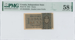 CROATIA: 1 Kuna (25.9.1942) in dark blue on brown. Coat of arms at right on face. Double letter S/N: "BL 084394". Printed by HDT, Zagreb. Inside holde...