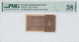 CROATIA: 2 Kune (25.9.1942) in dark brown on red-brown unpt. Coat of arms at right on face. Double letter S/N: "BD 014678". Printed by HDT, Zagreb. In...