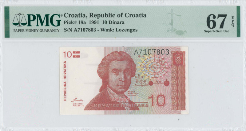 CROATIA: 10 Dinara (8.10.1991) in pale red-brown on multicolor unpt. Ruder Bosko...