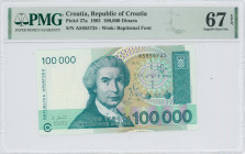 CROATIA: 100000 Dinara (30.5.1993) in dark blue-green on multicolor unpt. R Boskovic at center on face. S/N: "A 5655735". WMK: Baptismal font. Printed...